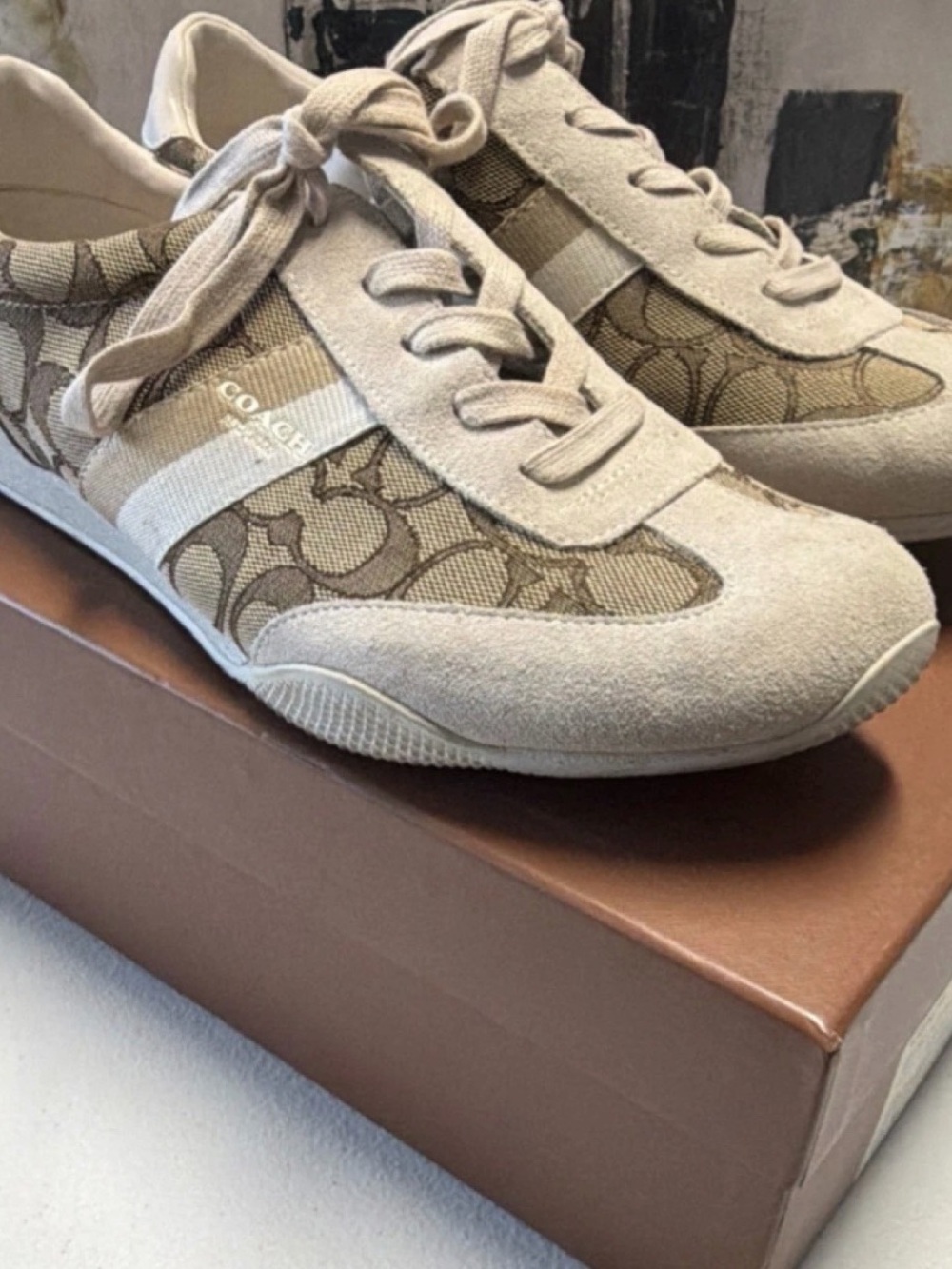 Coach Beige Signature Canvas & Suede Low-Top Sneakers